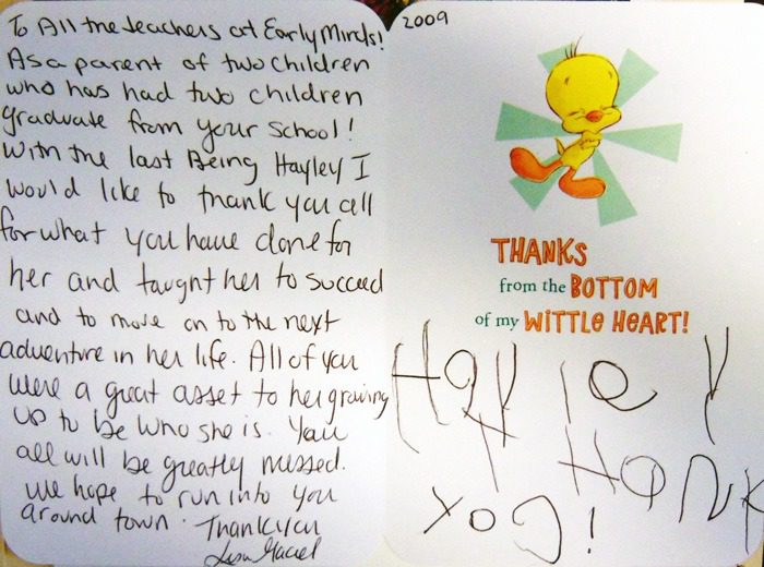 Gratitude note to teachers with cartoon duck