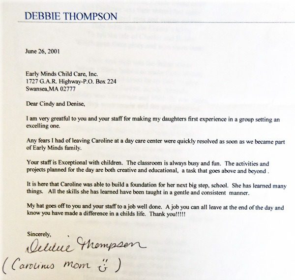 Handwritten note praising childcare services