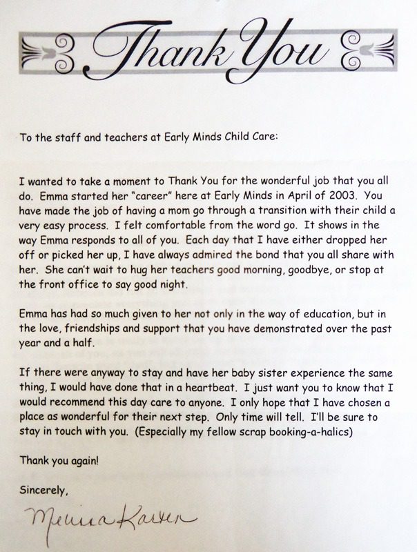 Appreciation letter for Early Minds Child Care