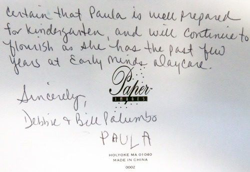 Handwritten note about kindergarten readiness