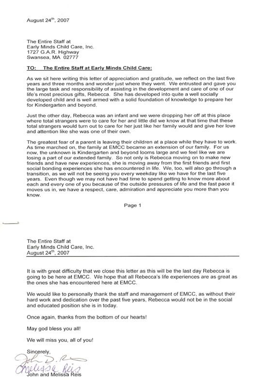 Appreciation letter to Early Minds Child Care