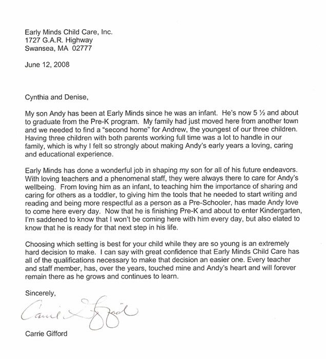 Letter praising Early Minds Child Care