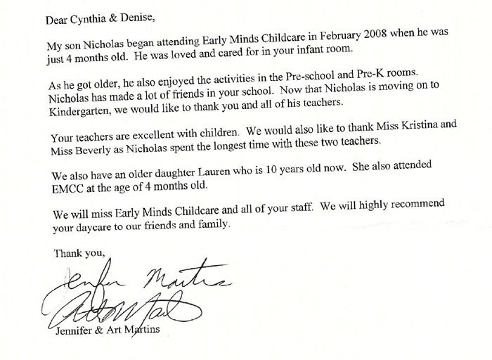 Parents praising childcare staff