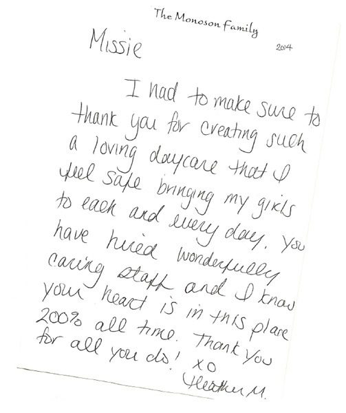 Appreciation letter to Missie from family