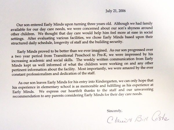 Testimonial letter for Early Minds daycare